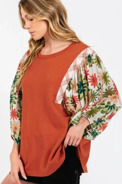 New Dear-Lover Floral Puff Sleeve Patchwork Round Neck Blouse Desert Gold