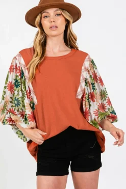 New Dear-Lover Floral Puff Sleeve Patchwork Round Neck Blouse Desert Gold