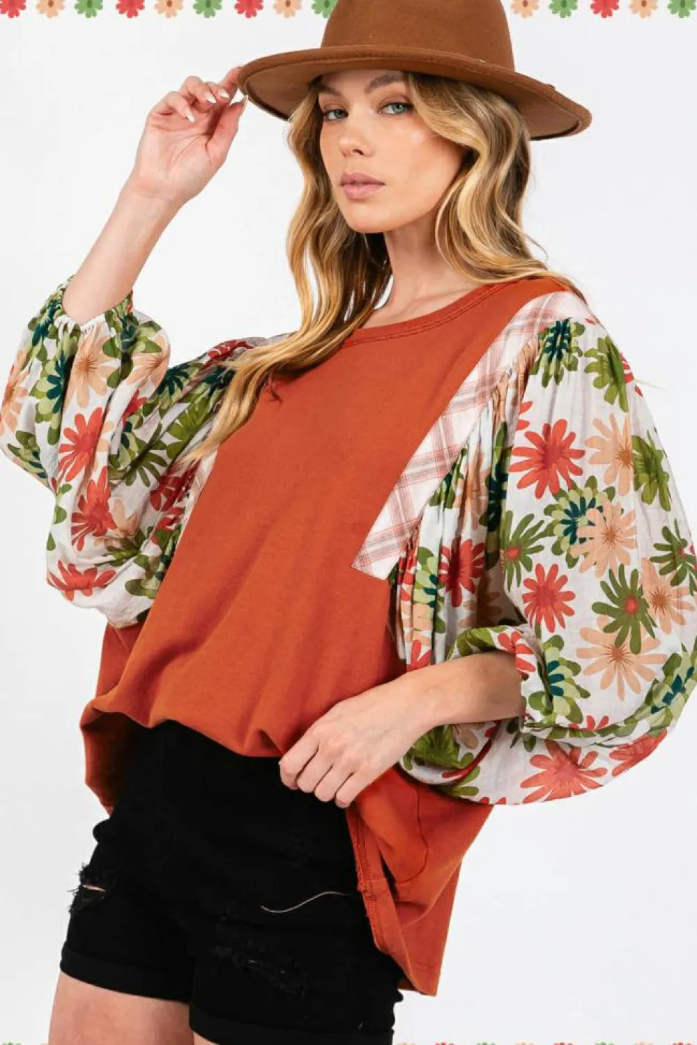 New Dear-Lover Floral Puff Sleeve Patchwork Round Neck Blouse Desert Gold