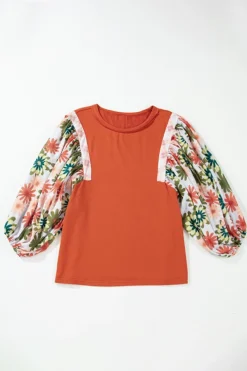 New Dear-Lover Floral Puff Sleeve Patchwork Round Neck Blouse Desert Gold