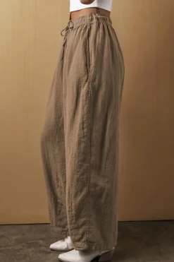 Hot Dear-Lover Cotton Linen Drawstring Waist Wide Leg Pants Desert Palm