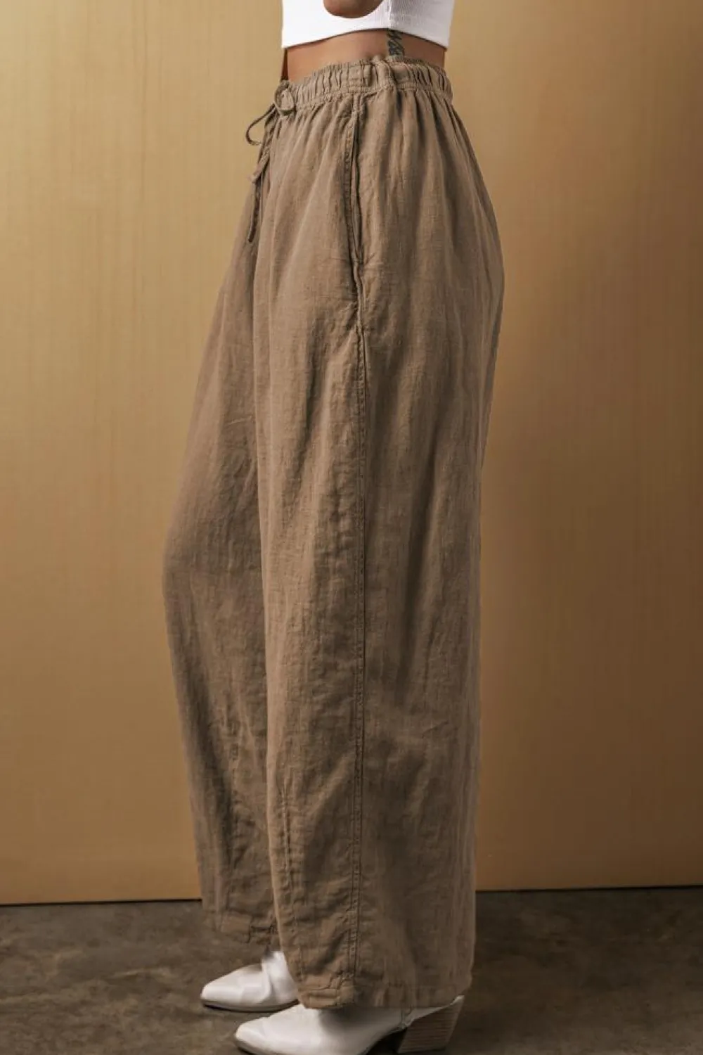 Hot Dear-Lover Cotton Linen Drawstring Waist Wide Leg Pants Desert Palm