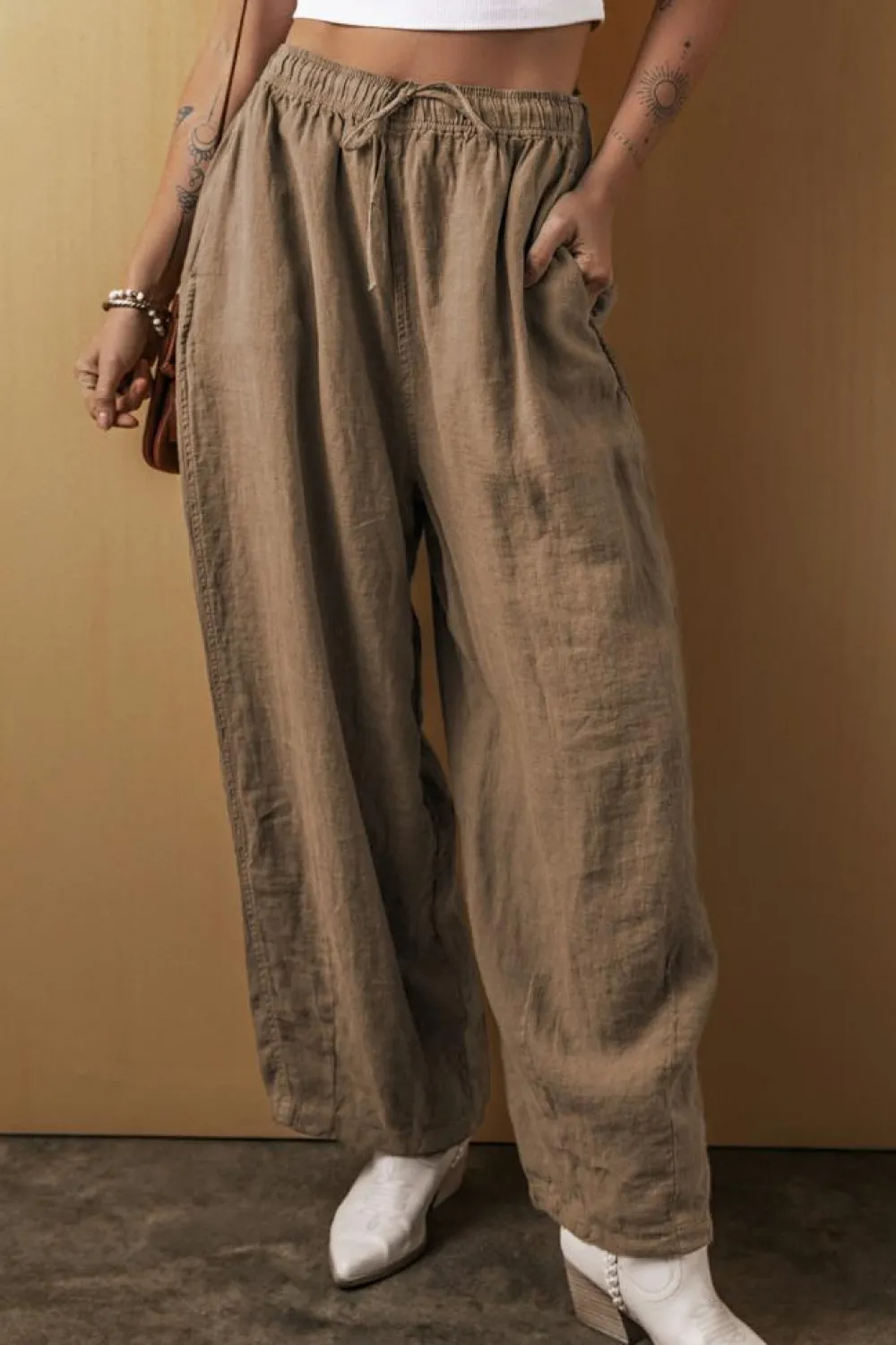 Hot Dear-Lover Cotton Linen Drawstring Waist Wide Leg Pants Desert Palm