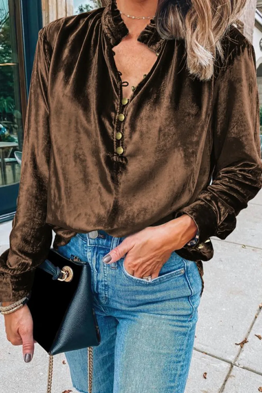 Best Dear-Lover Frilled Neck Buttoned Front Velvet Top Desert Palm