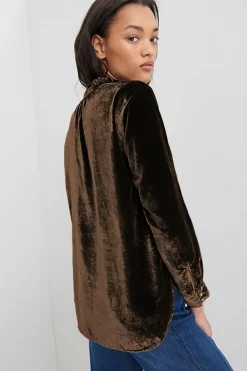 Best Dear-Lover Frilled Neck Buttoned Front Velvet Top Desert Palm
