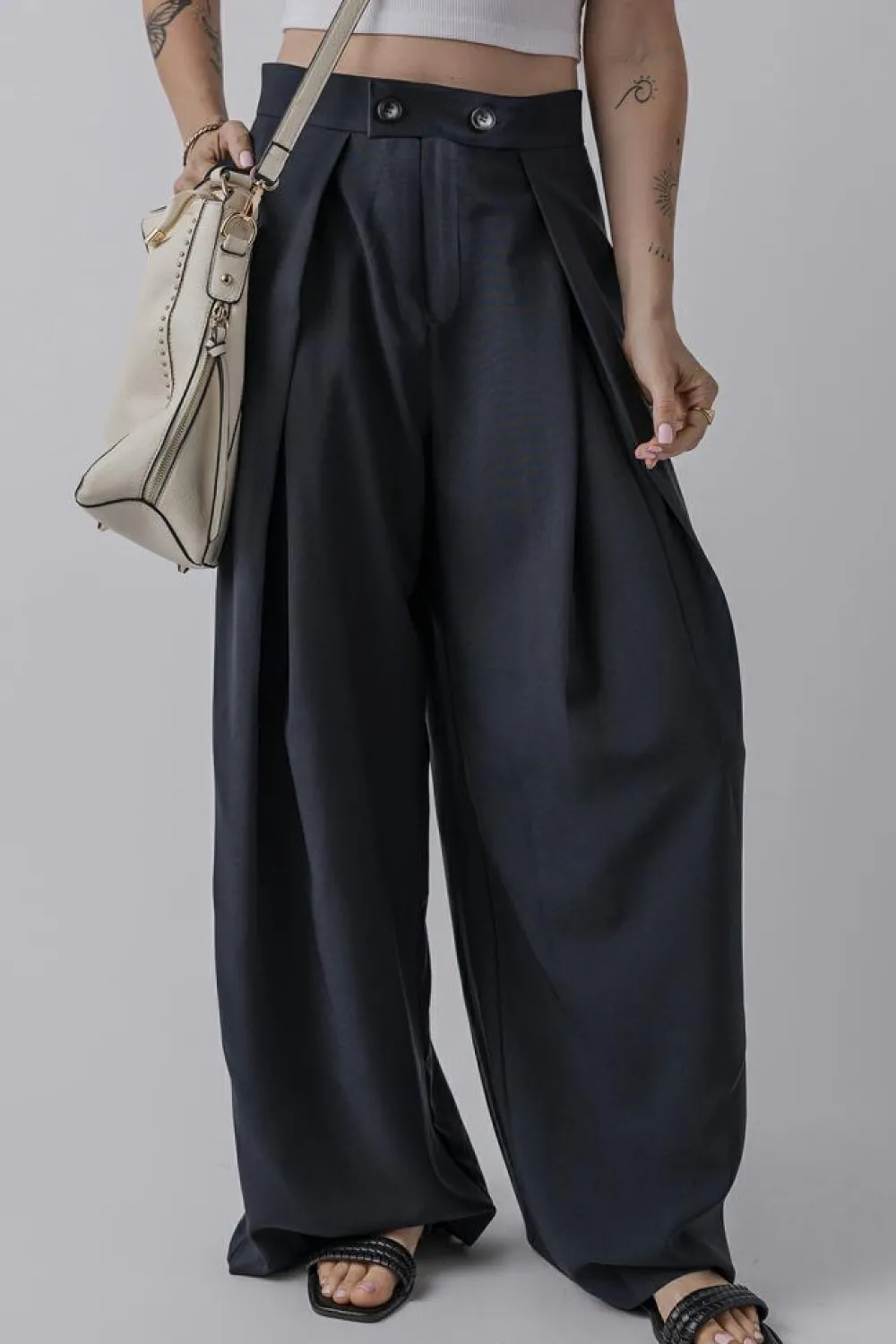 Best Dear-Lover Dual Buttoned High Waist Pleated Wide Leg Pants Dirty blue