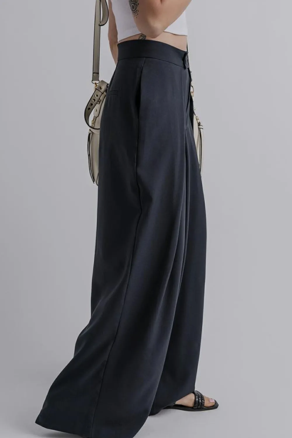 Best Dear-Lover Dual Buttoned High Waist Pleated Wide Leg Pants Dirty blue