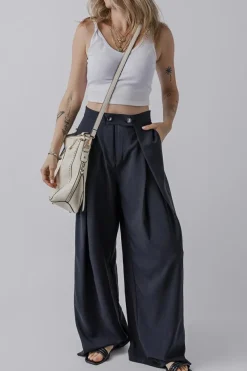 Best Dear-Lover Dual Buttoned High Waist Pleated Wide Leg Pants Dirty blue