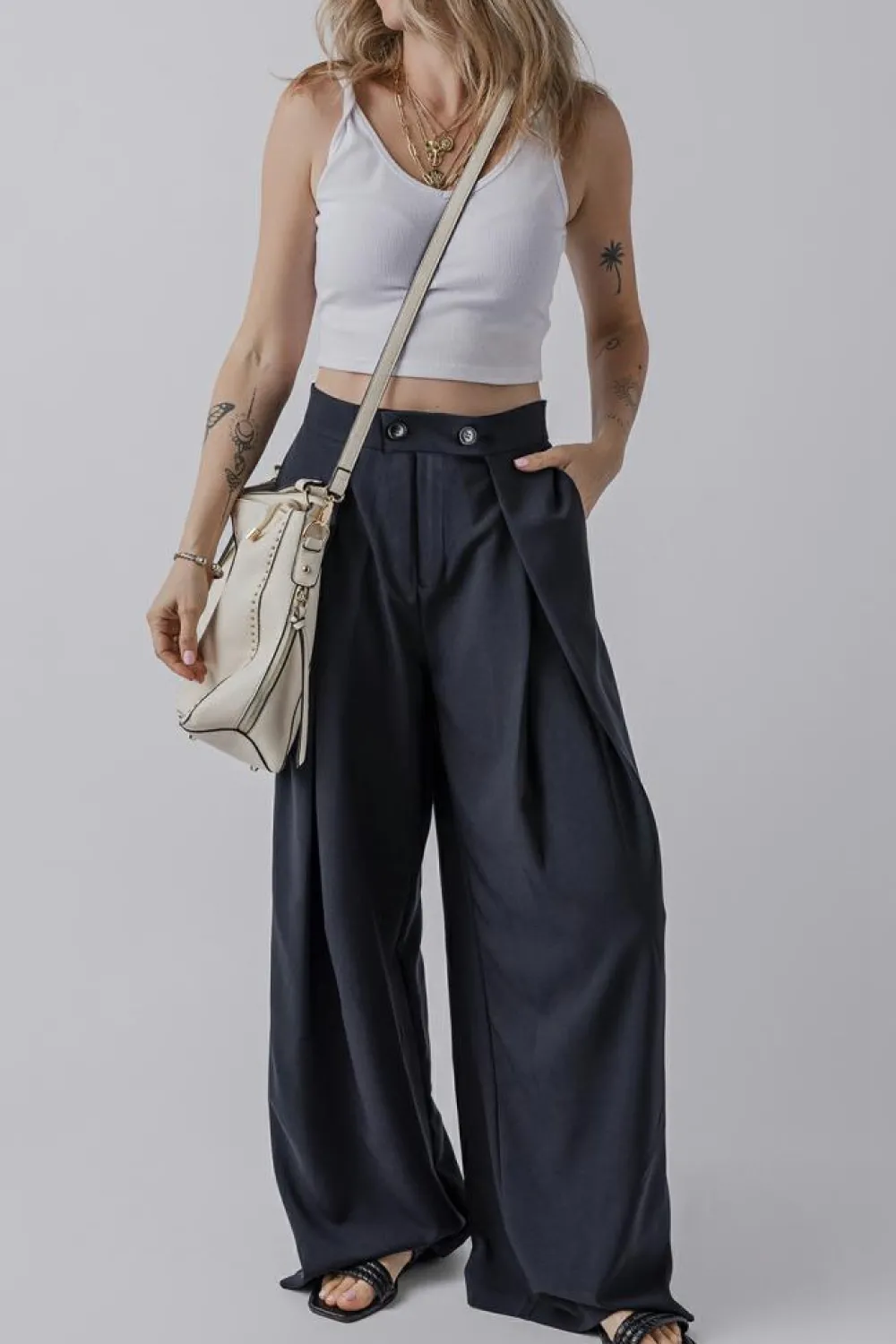Best Dear-Lover Dual Buttoned High Waist Pleated Wide Leg Pants Dirty blue