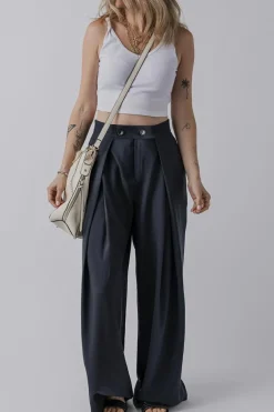 Best Dear-Lover Dual Buttoned High Waist Pleated Wide Leg Pants Dirty blue