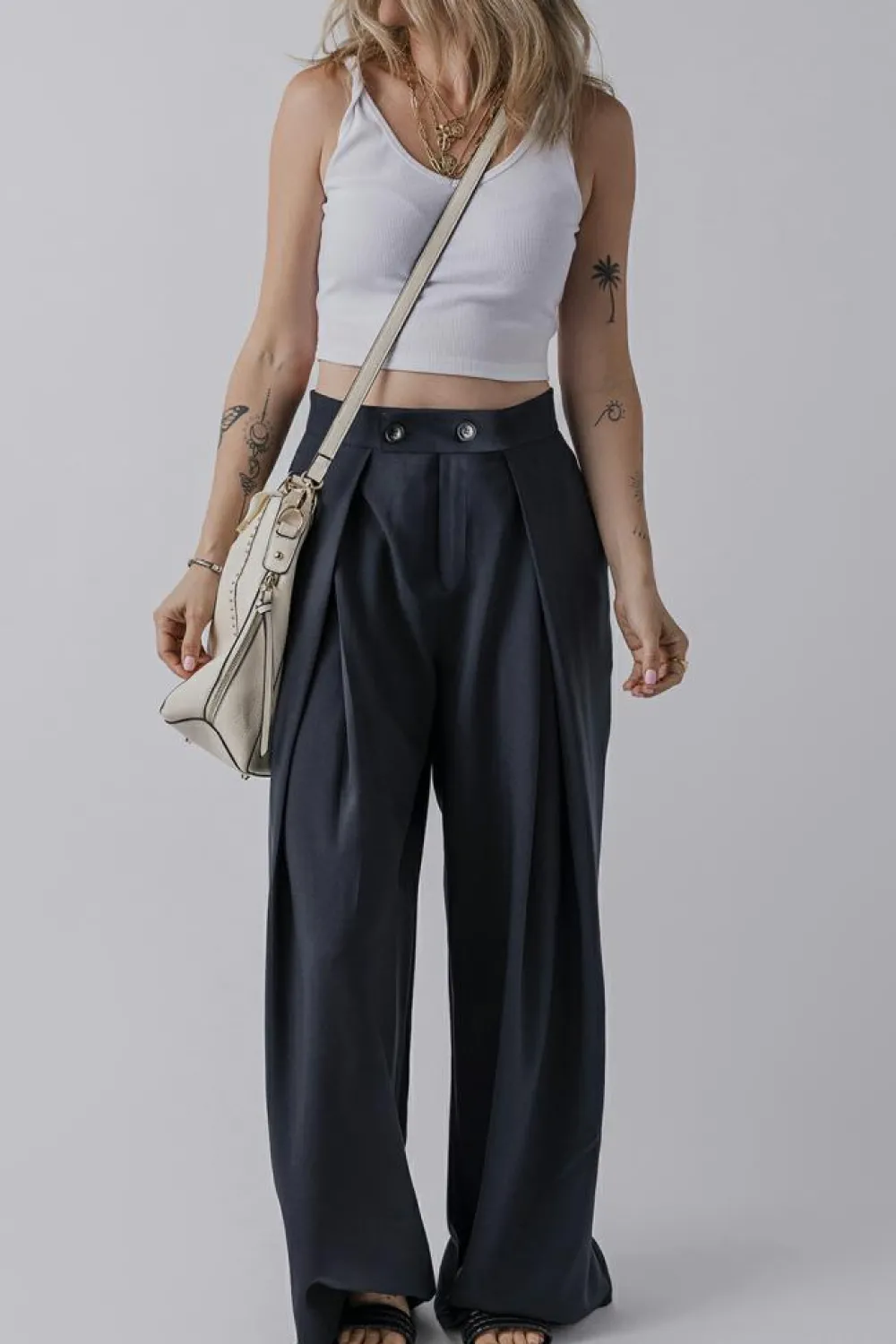 Best Dear-Lover Dual Buttoned High Waist Pleated Wide Leg Pants Dirty blue