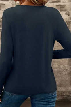 Clearance Dear-Lover Notch V Neck Pocket Patched Long Sleeve T Shirt Dirty blue