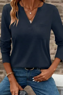 Clearance Dear-Lover Notch V Neck Pocket Patched Long Sleeve T Shirt Dirty blue