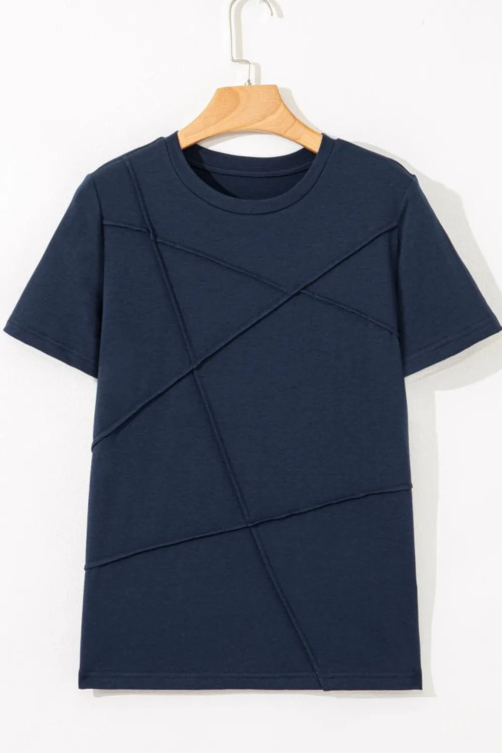 Hot Dear-Lover Solid Color Toothpick Stripe Round Neck T Shirt Dirty blue