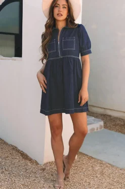Discount Dear-Lover Zipped up Bodice Collared Short Puff Sleeve Denim Dress Dirty blue