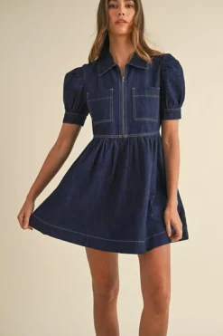 Discount Dear-Lover Zipped up Bodice Collared Short Puff Sleeve Denim Dress Dirty blue