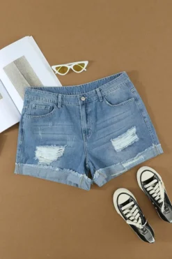 Outlet Dear-Lover Distressed Ripped Rolled Hem Denim Shorts Sky Blue