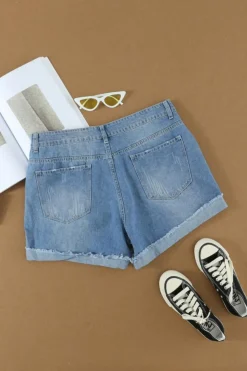 Outlet Dear-Lover Distressed Ripped Rolled Hem Denim Shorts Sky Blue