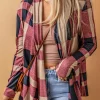 Fashion Dear-Lover Draped Open Front Plaid Cardigan Fiery Red