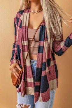 Fashion Dear-Lover Draped Open Front Plaid Cardigan Fiery Red