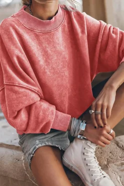 Hot Dear-Lover Drop Shoulder Crew Neck Pullover Sweatshirt Fiery Red