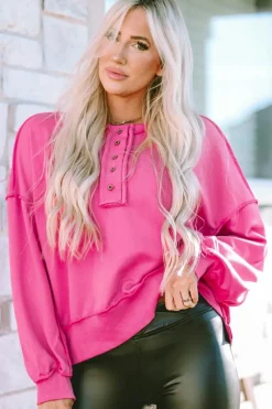 New Dear-Lover Drop Shoulder Henley Buttons Sweatshirt Strawberry Pink
