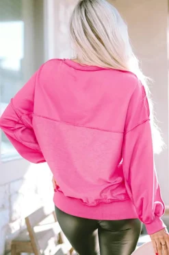 New Dear-Lover Drop Shoulder Henley Buttons Sweatshirt Strawberry Pink