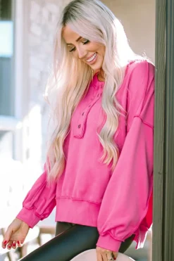 New Dear-Lover Drop Shoulder Henley Buttons Sweatshirt Strawberry Pink