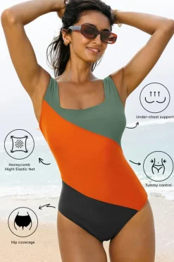 Fashion Dear-Lover Color Block Padded Square Neck One Piece Swimsuit Duffel Green