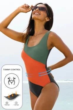 Fashion Dear-Lover Color Block Padded Square Neck One Piece Swimsuit Duffel Green