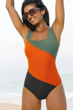 Fashion Dear-Lover Color Block Padded Square Neck One Piece Swimsuit Duffel Green