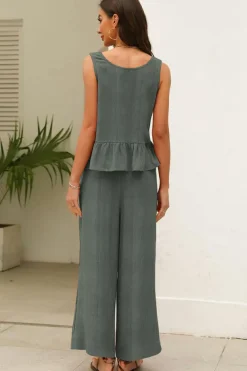 Hot Dear-Lover Solid Color Ribbed Ruffle Tank Top and Pants Set Duffel Green