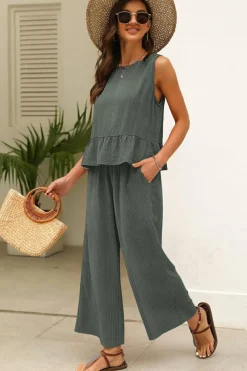 Hot Dear-Lover Solid Color Ribbed Ruffle Tank Top and Pants Set Duffel Green