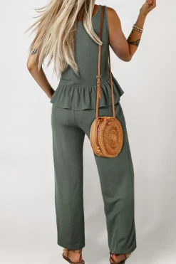 Hot Dear-Lover Solid Color Ribbed Ruffle Tank Top and Pants Set Duffel Green