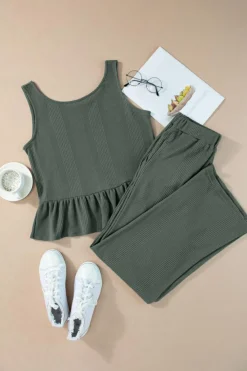 Hot Dear-Lover Solid Color Ribbed Ruffle Tank Top and Pants Set Duffel Green