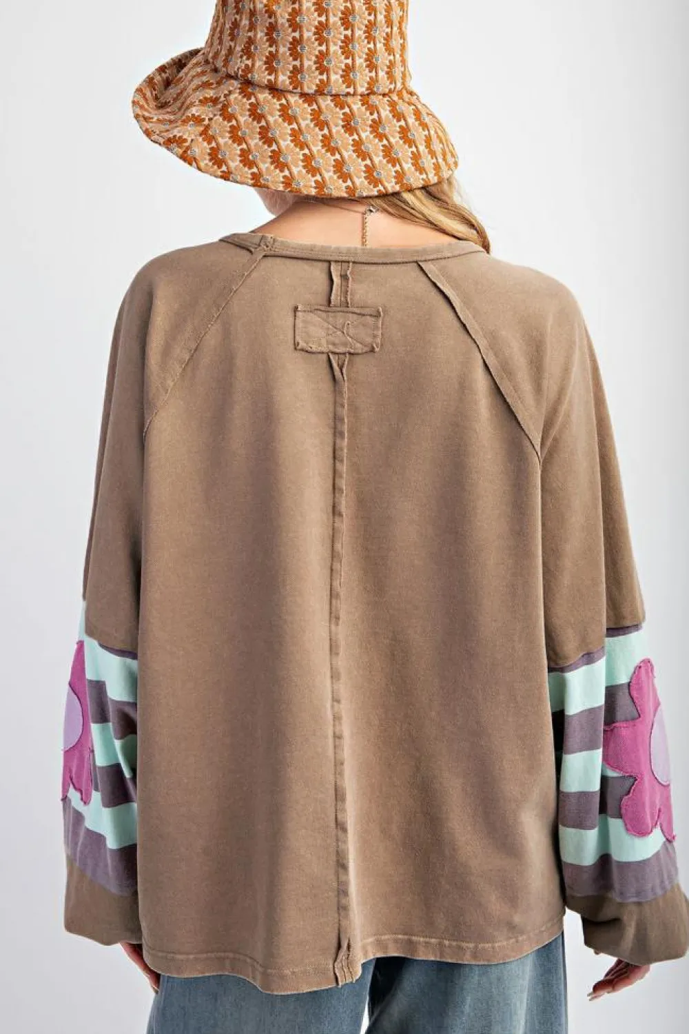 New Dear-Lover Flower Patchwork Raglan Sleeve Exposed Seam Oversized Top DUNE