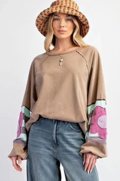 New Dear-Lover Flower Patchwork Raglan Sleeve Exposed Seam Oversized Top DUNE
