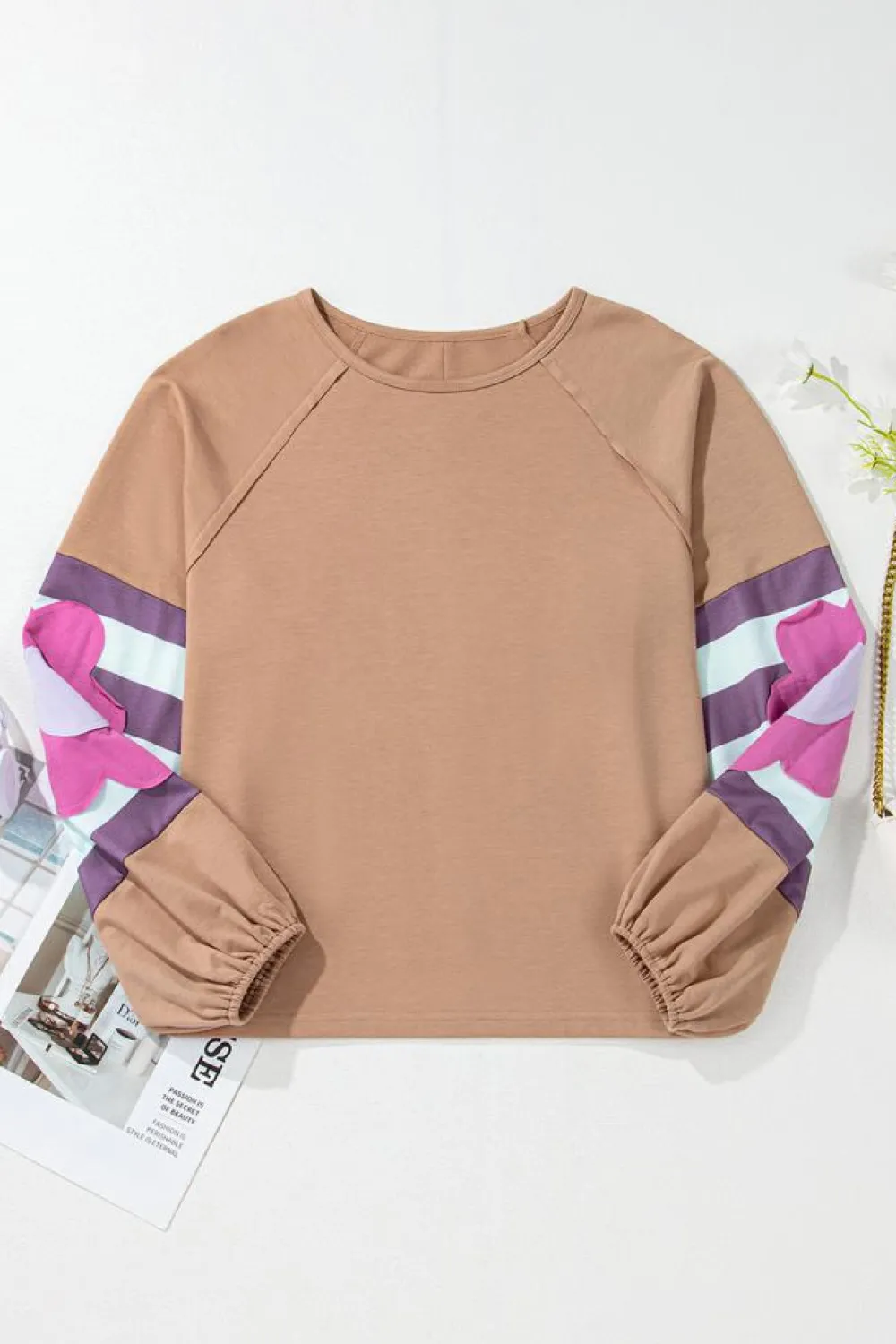 New Dear-Lover Flower Patchwork Raglan Sleeve Exposed Seam Oversized Top DUNE