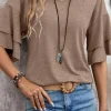 Sale Dear-Lover Solid Colour V-Neck Double Layer Sleeve Loose T-Shirt DUNE
