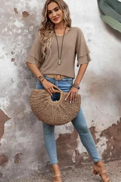 Sale Dear-Lover Solid Colour V-Neck Double Layer Sleeve Loose T-Shirt DUNE