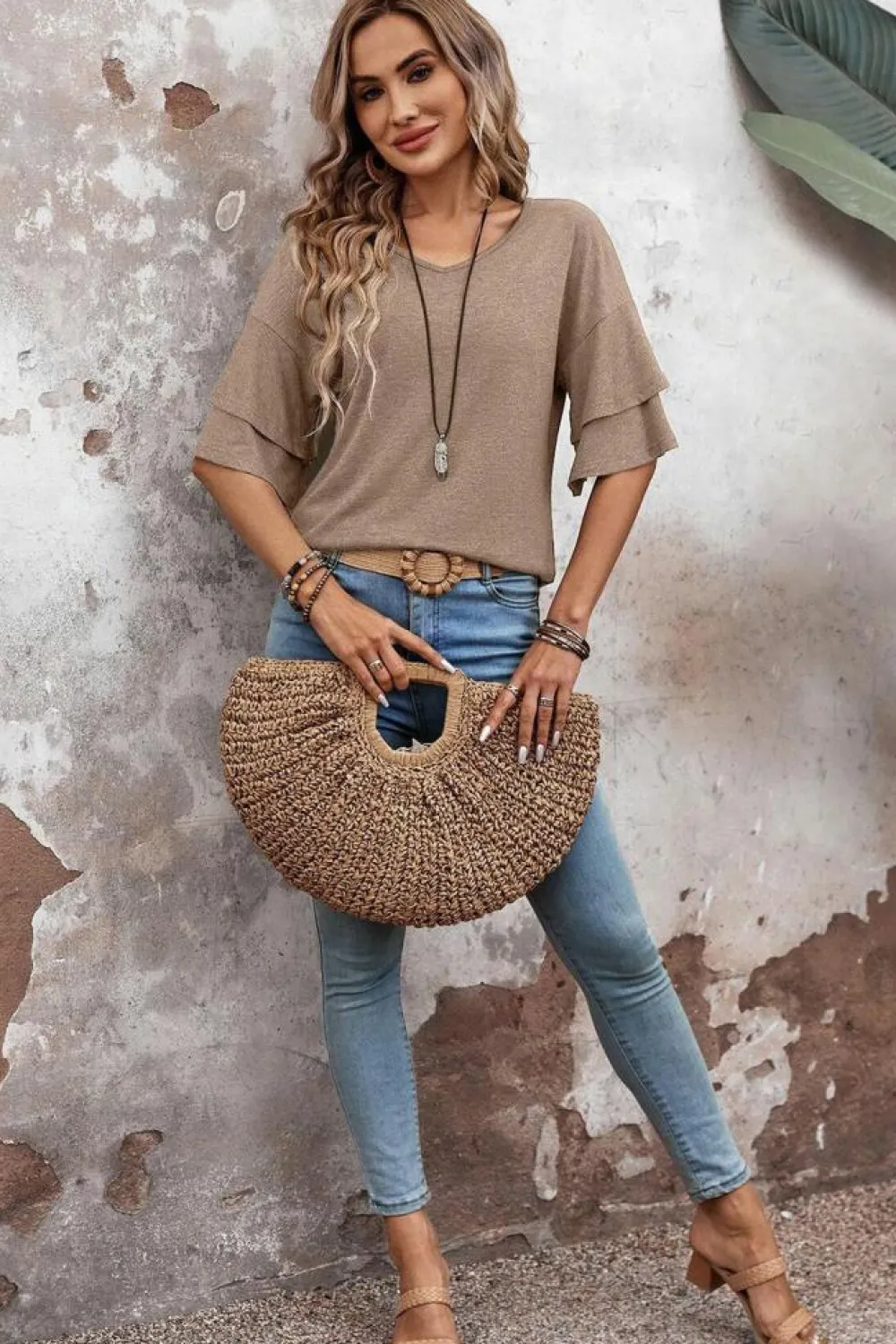 Sale Dear-Lover Solid Colour V-Neck Double Layer Sleeve Loose T-Shirt DUNE