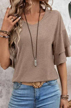 Sale Dear-Lover Solid Colour V-Neck Double Layer Sleeve Loose T-Shirt DUNE