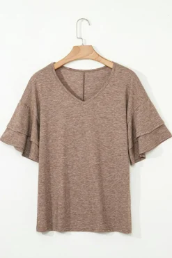 Sale Dear-Lover Solid Colour V-Neck Double Layer Sleeve Loose T-Shirt DUNE