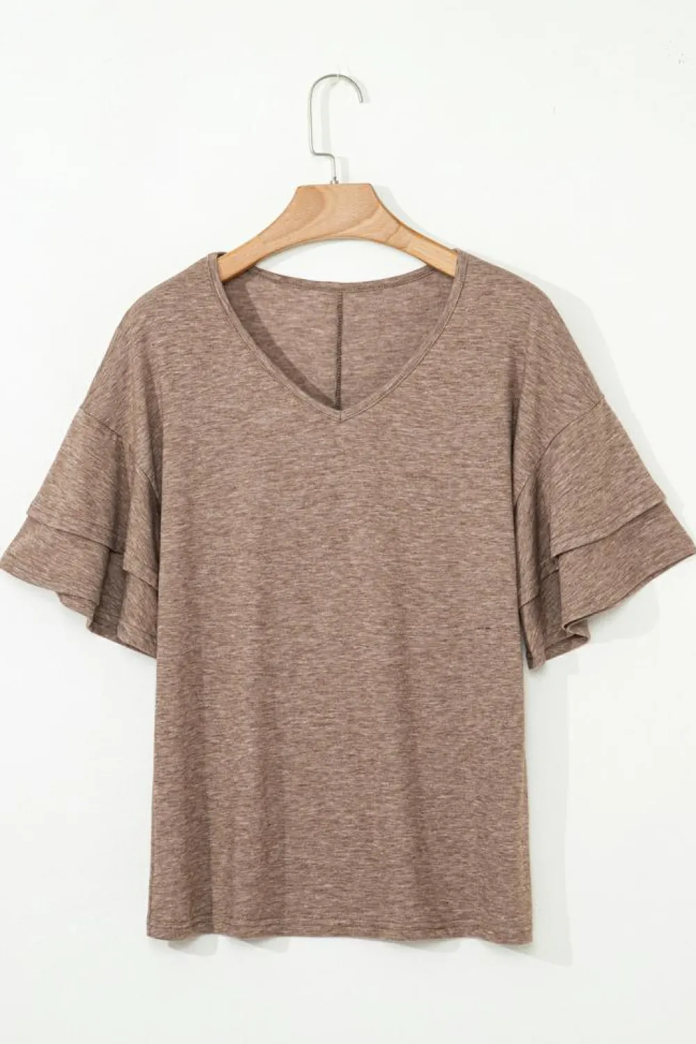 Sale Dear-Lover Solid Colour V-Neck Double Layer Sleeve Loose T-Shirt DUNE
