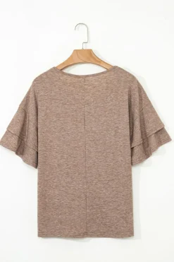 Sale Dear-Lover Solid Colour V-Neck Double Layer Sleeve Loose T-Shirt DUNE