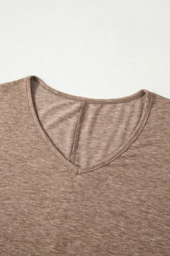 Sale Dear-Lover Solid Colour V-Neck Double Layer Sleeve Loose T-Shirt DUNE