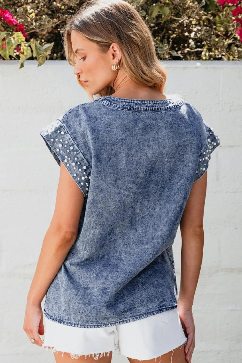 Sale Dear-Lover Acid Wash Pearl Embellishments O-neck Denim Top Dusk Blue