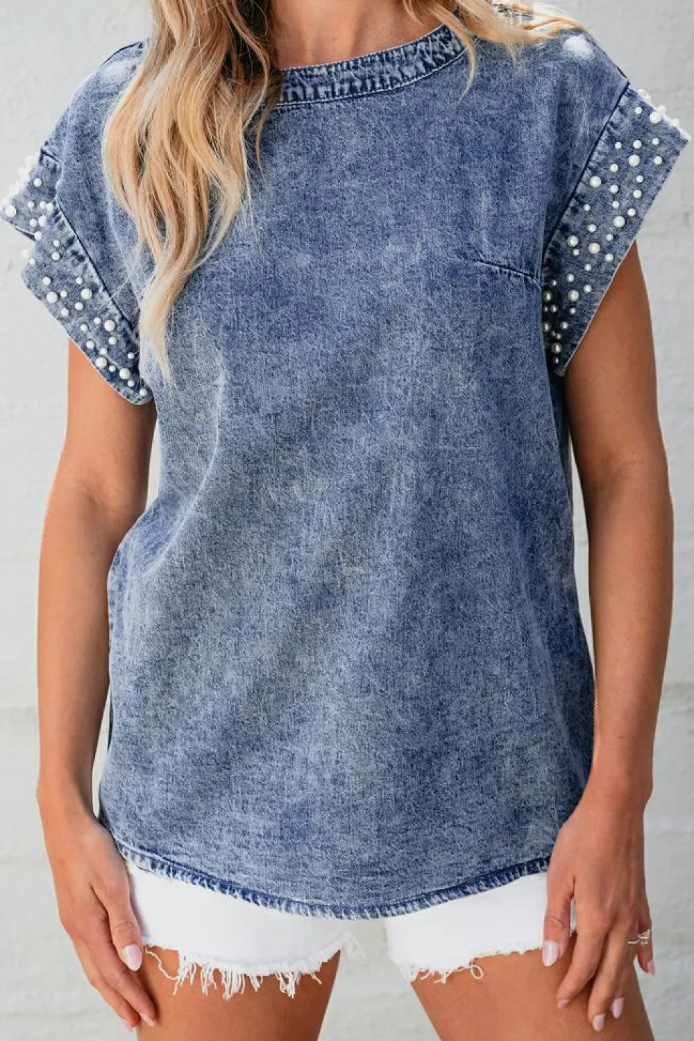 Sale Dear-Lover Acid Wash Pearl Embellishments O-neck Denim Top Dusk Blue