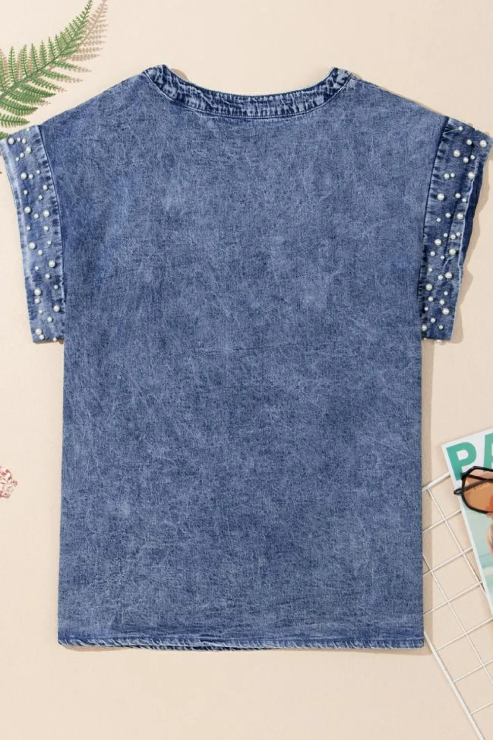 Sale Dear-Lover Acid Wash Pearl Embellishments O-neck Denim Top Dusk Blue
