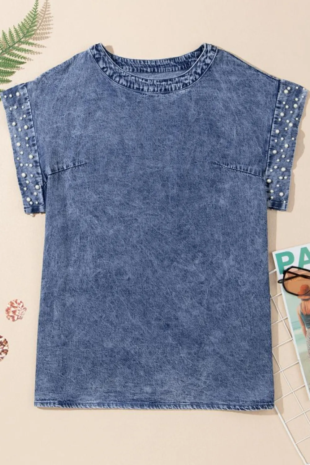 Sale Dear-Lover Acid Wash Pearl Embellishments O-neck Denim Top Dusk Blue